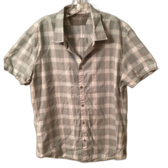 CALVIN KLEIN JEANS LARGE TWO TONE BLUE PLAID BUTTON FRONT SHORT SLEEVE SHIRT - Picture 1 of 7